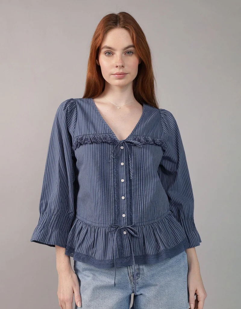 امريكان ايجل بلوزة بأزرار وياقة على شكل حرف  وكشكشة